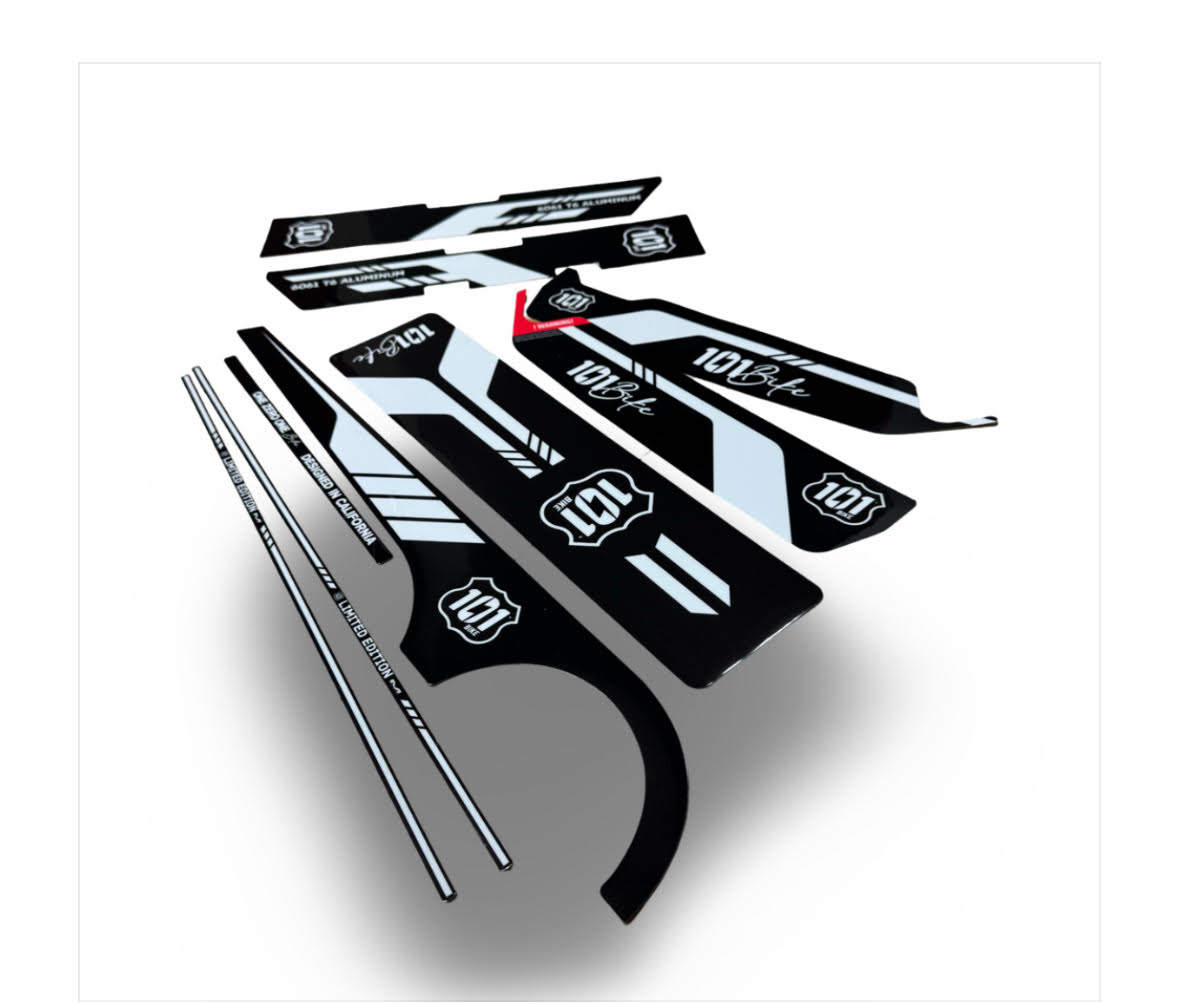 101 Seaside and Cardiff eBike team graphics kit. Black stickers with white 101 Bike logo.