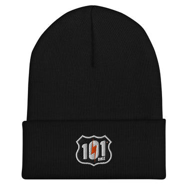 Black beanie with a logo on a white background