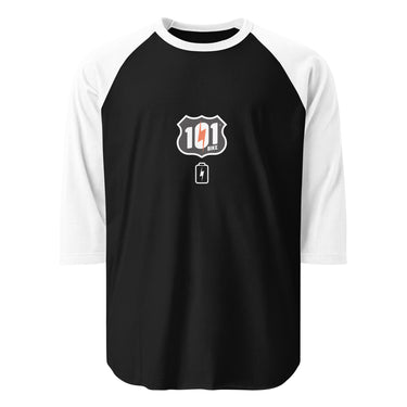 Black and white baseball shirt with a logo on a white background