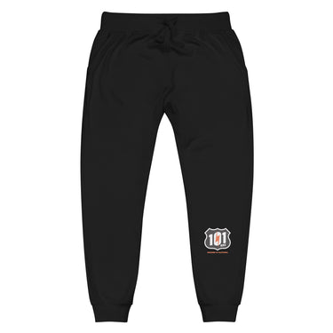 Black sweatpants with a logo on a white background