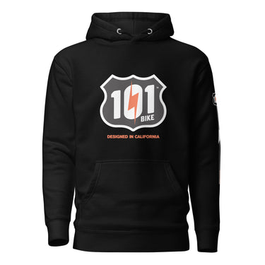 Black hoodie with a logo and text on a white background