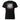 Black t-shirt with a logo and text on the back, displayed against a white background