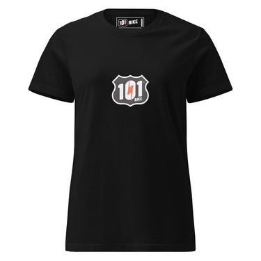 Black t-shirt with a logo on the chest against a white background