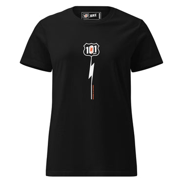 Black t-shirt with a white graphic design on a white background