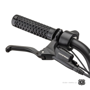 Close-up of the 101 Bike Seaside Model handlebar featuring premium Tektro aluminum brake levers. The durable, lightweight design ensures precise braking performance and long-lasting reliability. The ergonomic lever shape provides comfortable control, while the textured grip pattern enhances handling and confidence during every ride.