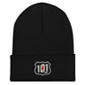 Black beanie with a logo on a white background