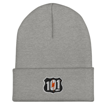 Gray beanie with a logo on a white background