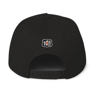Black cap with a logo on the back against a white background