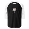 Black and white baseball shirt with a logo on a white background