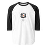 Black and white baseball shirt with a logo on a white background