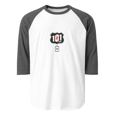 White and gray baseball shirt with a logo on a white background