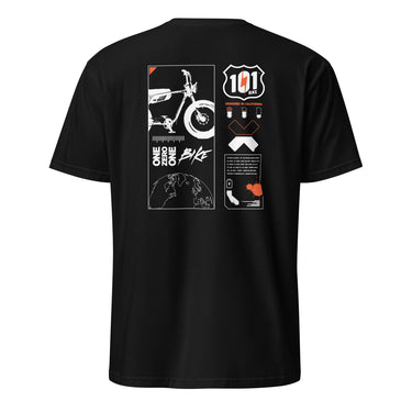 Black t-shirt with graphic designs on the back against a white background