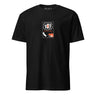 Black t-shirt with a graphic design on the chest against a white background