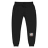 Black sweatpants with a logo on a white background