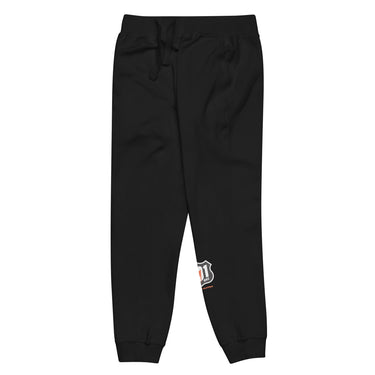 Black sweatpants with a small logo on a white background