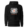 Black hoodie with a logo and text on a white background