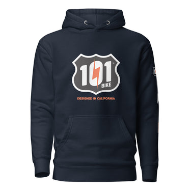Navy blue hoodie with a logo and text on a white background