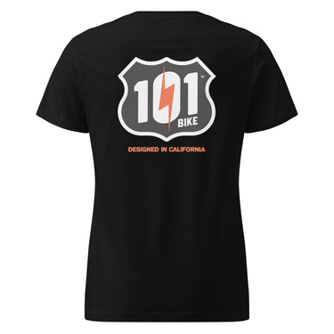 Black t-shirt with a logo and text on the back, displayed against a white background
