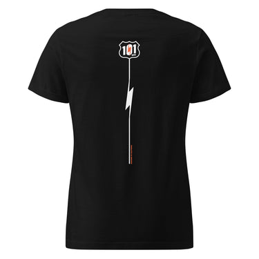 Black t-shirt with a logo and design on the back against a white background