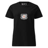 Black t-shirt with a logo on the chest against a white background