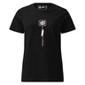 Black t-shirt with a white graphic design on a white background